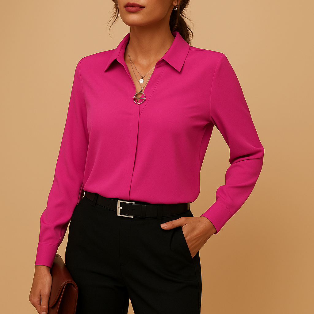 Elegant solid color blouse for women with a tailored fit, classic collar, and button closure, perfect for work or evening wear.