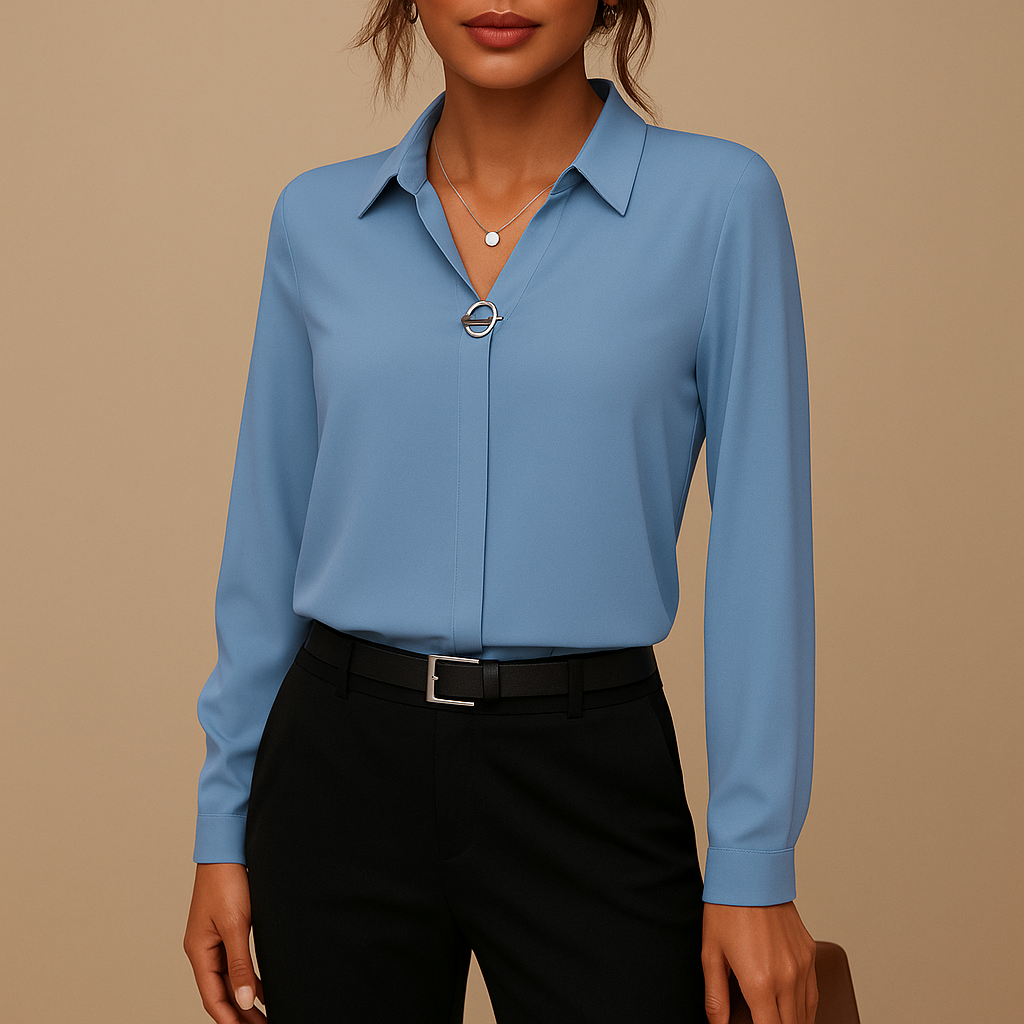 Elegant solid color blouse for women with a tailored fit, classic collar, and button closure, perfect for work or evening wear.