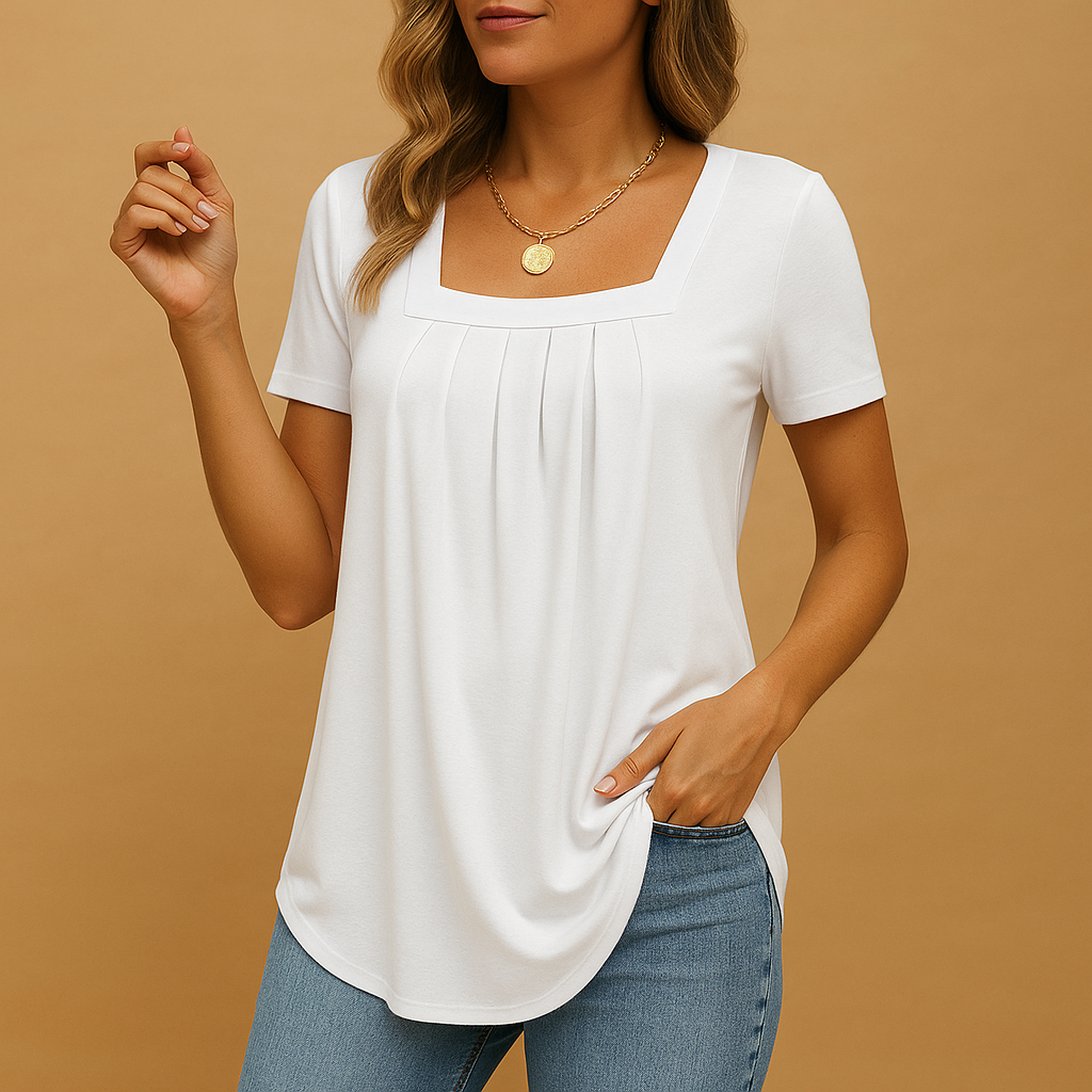 Square neck blouse for women in soft cotton blend, featuring a relaxed fit and elegant neckline, ideal for work or casual wear.