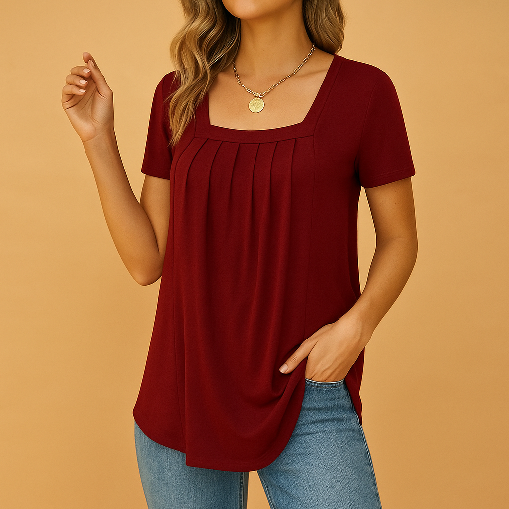 Square neck blouse for women in soft cotton blend, featuring a relaxed fit and elegant neckline, ideal for work or casual wear.