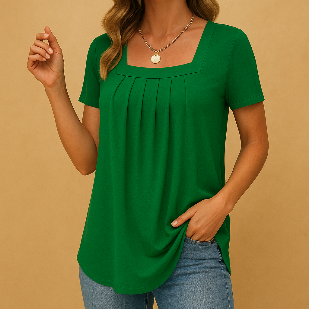 Square neck blouse for women in soft cotton blend, featuring a relaxed fit and elegant neckline, ideal for work or casual wear.