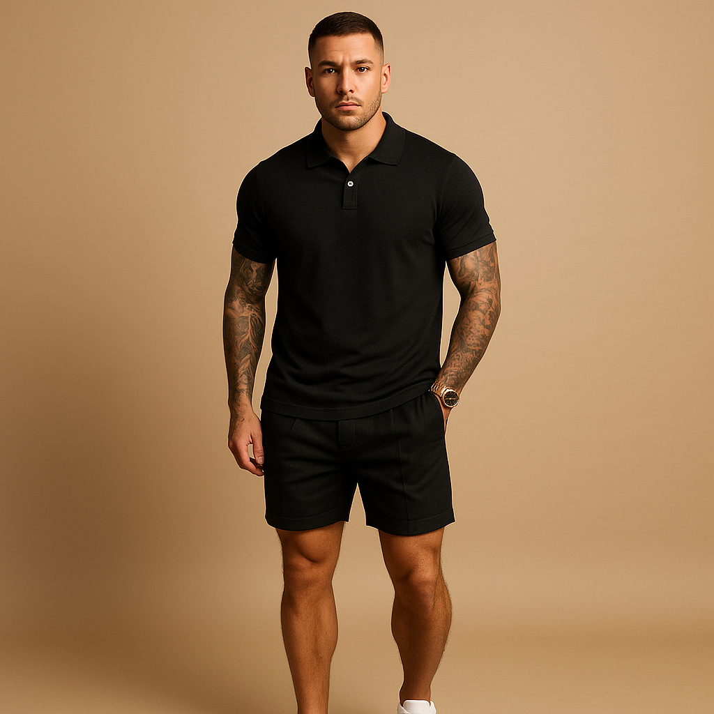 Modern streetwear set for men with matching top and shorts, perfect for casual wear, urban outings, or relaxing at home.