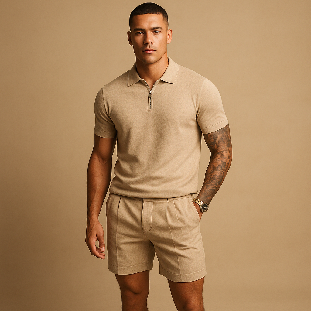 Modern streetwear set for men with matching top and shorts, perfect for casual wear, urban outings, or relaxing at home.
