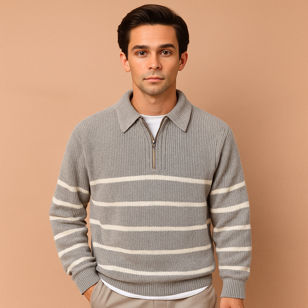 Men’s grey striped half-zip knit sweater with a warm, lightweight feel, ideal for casual and semi-formal autumn and winter outfits.