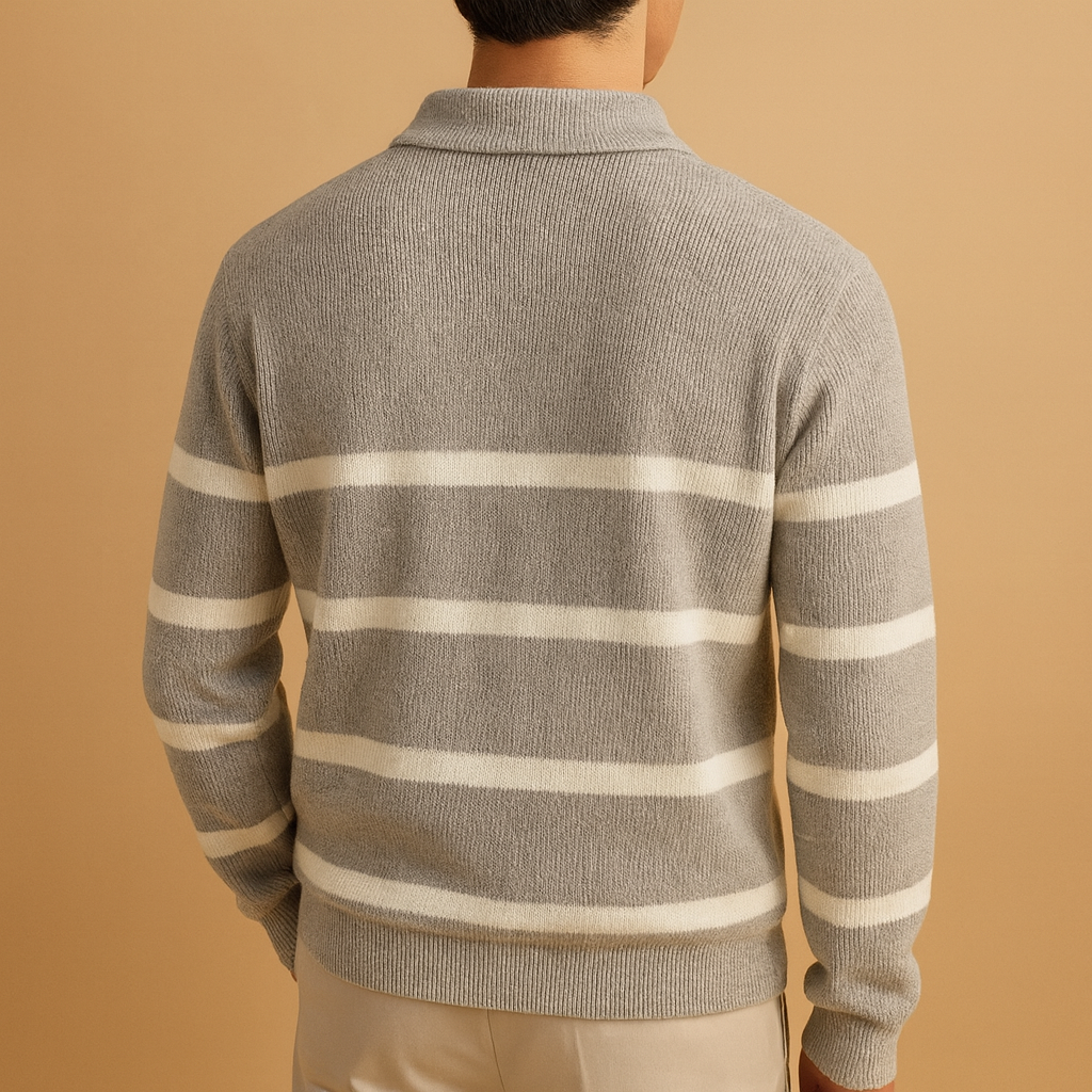 Men’s grey striped half-zip knit sweater with a warm, lightweight feel, ideal for casual and semi-formal autumn and winter outfits.