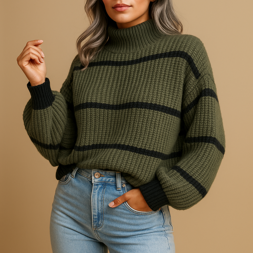 Women’s striped knitted sweater with high neck in classic black and white, featuring a loose fit and ribbed edges for casual or smart-casual outfits.