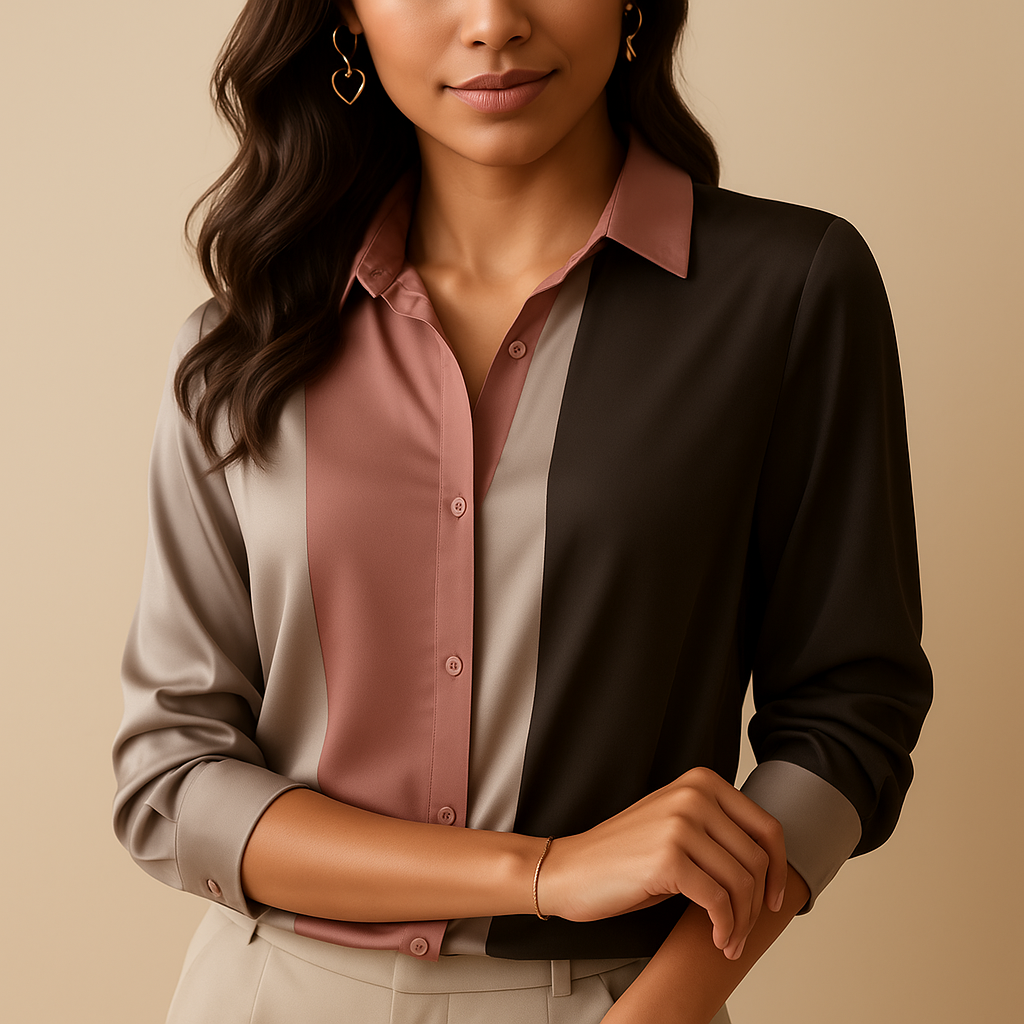 Striped satin blouse for women with patchwork pattern, classic collar, and long sleeves, perfect for elegant workwear or casual autumn outfits.