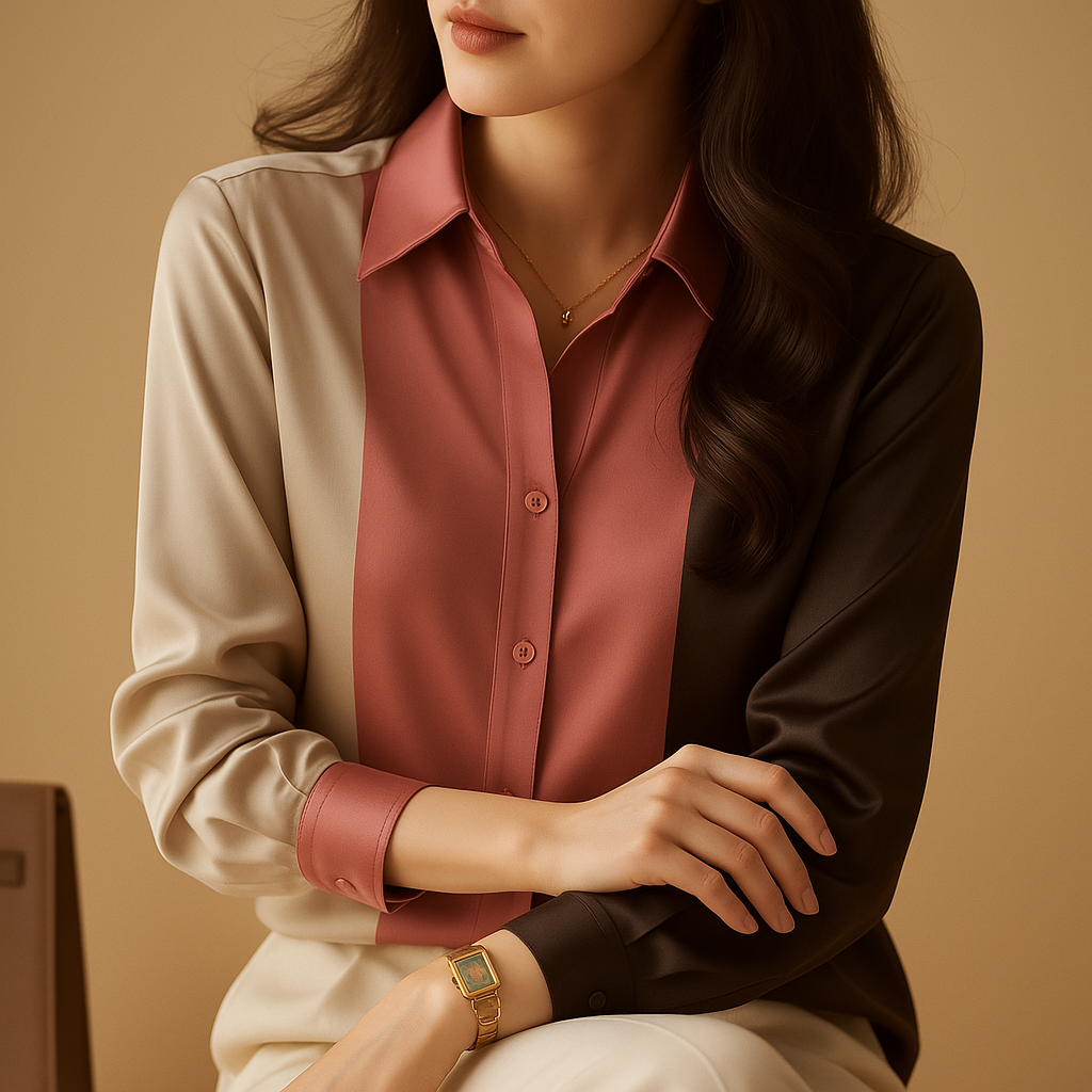 Striped satin blouse for women with patchwork pattern, classic collar, and long sleeves, perfect for elegant workwear or casual autumn outfits.