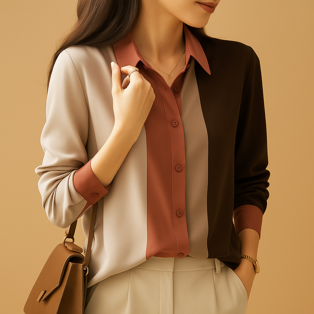 Striped satin blouse for women with patchwork pattern, classic collar, and long sleeves, perfect for elegant workwear or casual autumn outfits.