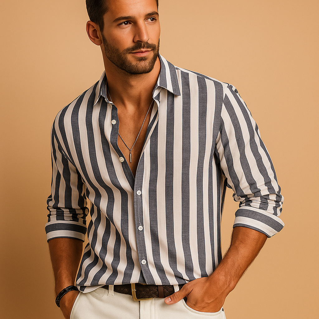 Striped slim fit long sleeve shirt for men in blue-white with durable, colorfast fabric. Perfect for work, formal events, and everyday wear.