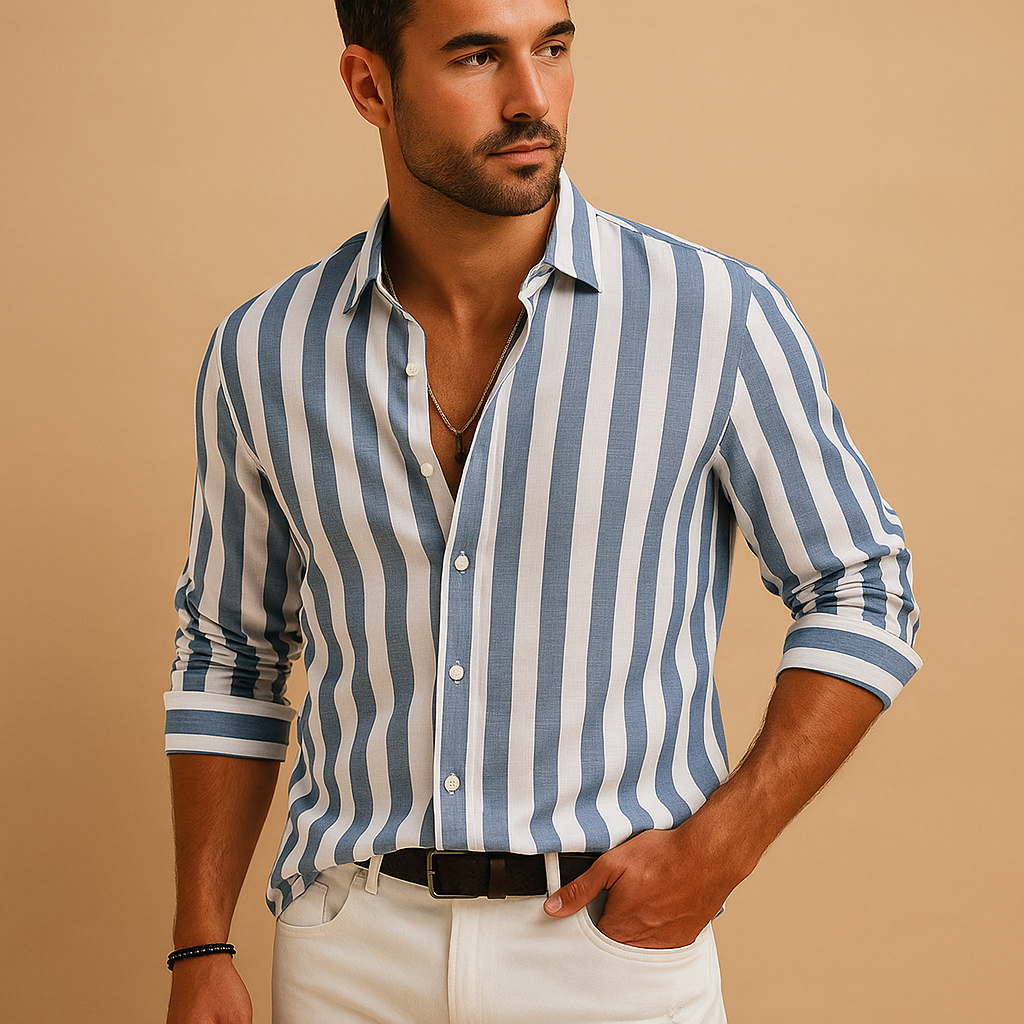 Striped slim fit long sleeve shirt for men in blue-white with durable, colorfast fabric. Perfect for work, formal events, and everyday wear.