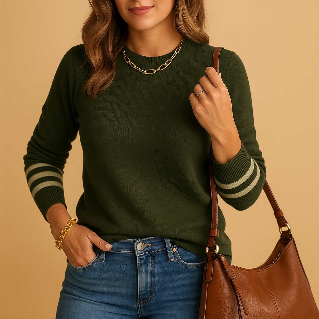 Women’s striped sleeve knit sweater with relaxed fit and breathable fabric, ideal for casual and chic transitional season outfits.