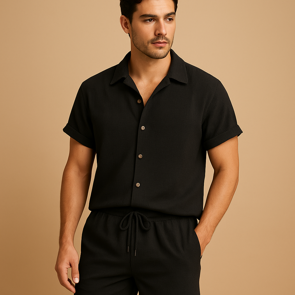 Stylish striped summer set for men with short sleeve shirt and matching shorts, ideal for beach trips, summer outings, or casual wear.