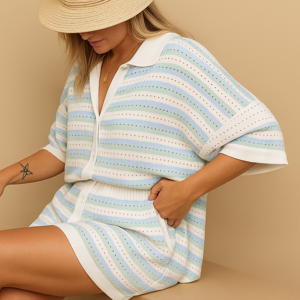 Women’s striped summer set with button-up blouse and high-waisted shorts, perfect for holidays, beach days, and casual summer outfits.