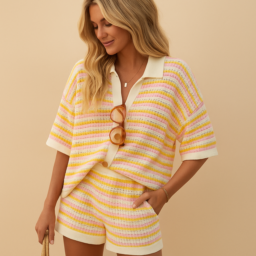 Women’s striped summer set with button-up blouse and high-waisted shorts, perfect for holidays, beach days, and casual summer outfits.