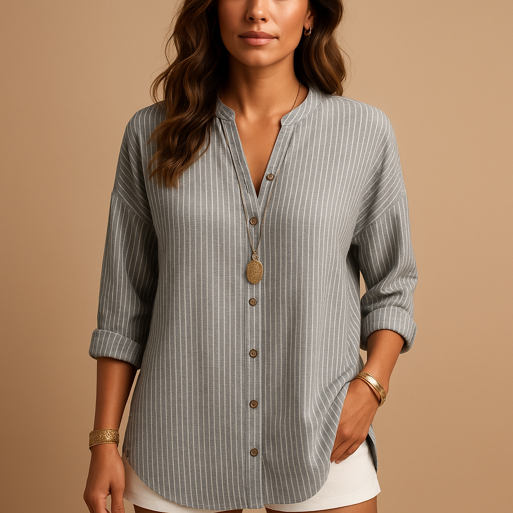 Women’s striped V-neck shirt with long sleeves, combining classic elegance and breathable comfort for office or casual outfits.