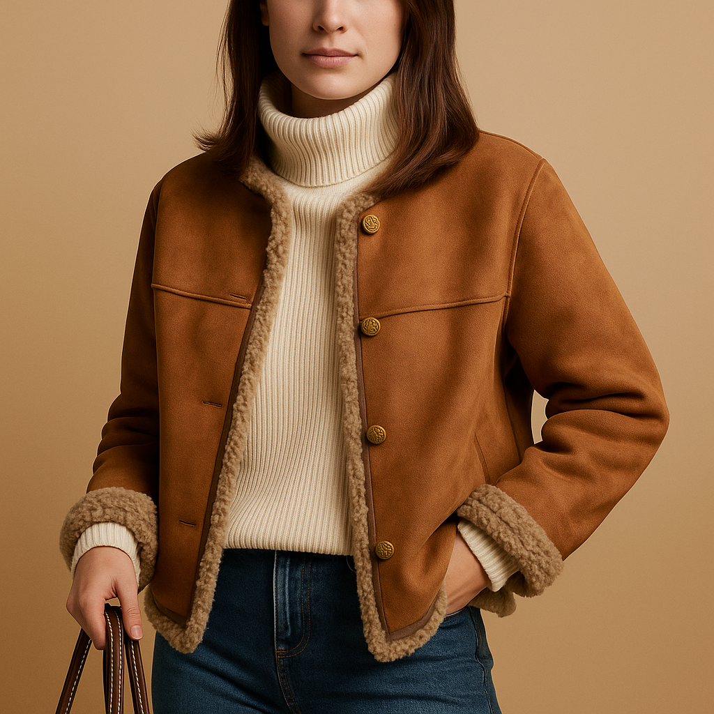 Women’s fleece-lined jacket with suede-look exterior, regular fit, and warm plush interior, ideal for autumn and winter styling.