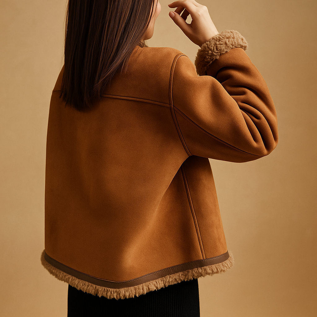Women’s fleece-lined jacket with suede-look exterior, regular fit, and warm plush interior, ideal for autumn and winter styling.
