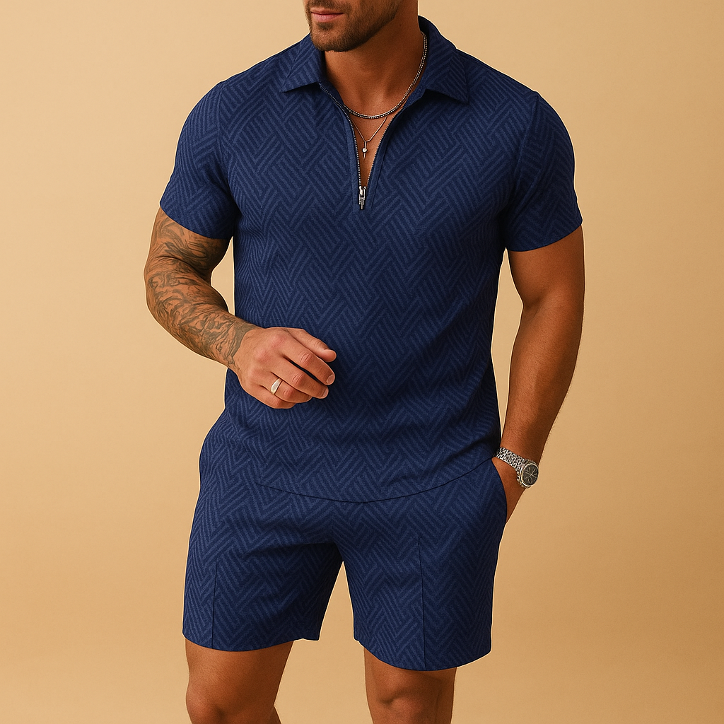 Fashionable summer set for men with polo shirt and shorts, ideal for beach days, holidays, and casual summer outfits.