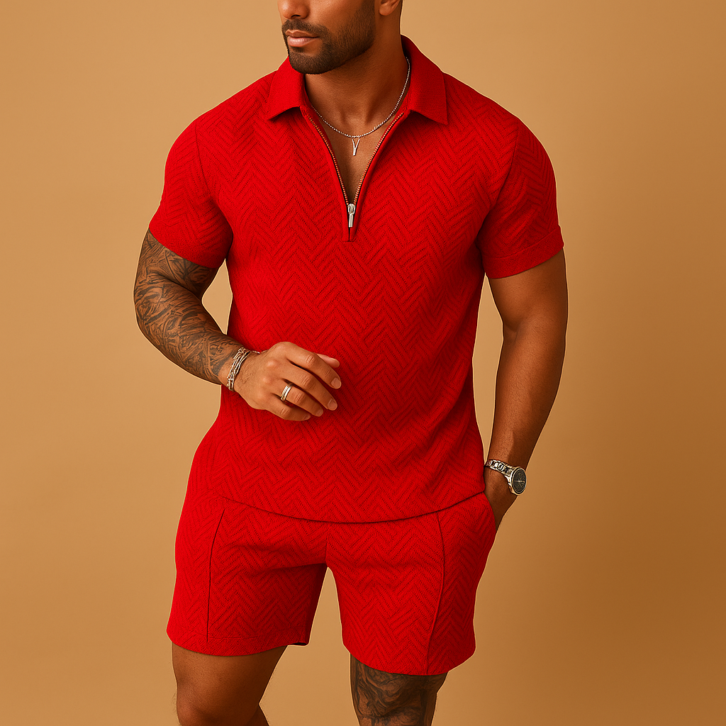 Fashionable summer set for men with polo shirt and shorts, ideal for beach days, holidays, and casual summer outfits.