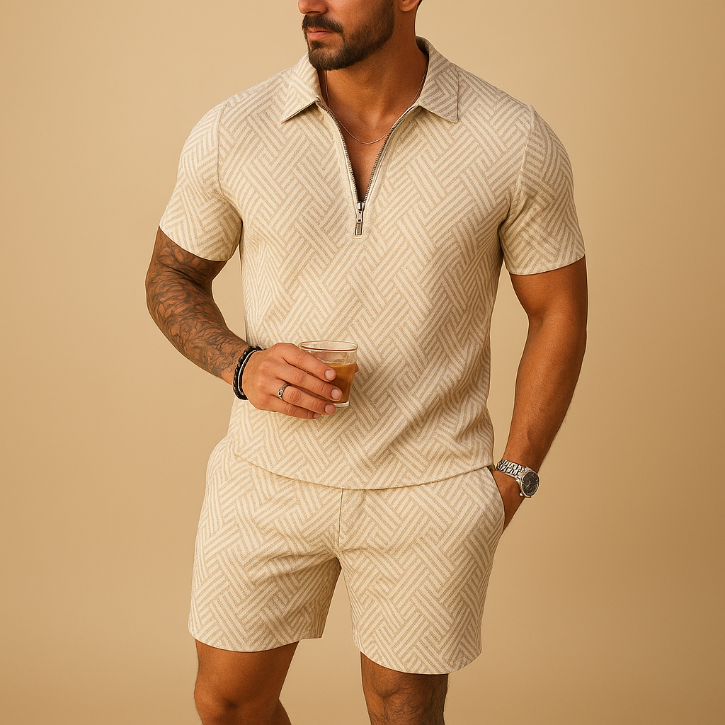 Fashionable summer set for men with polo shirt and shorts, ideal for beach days, holidays, and casual summer outfits.