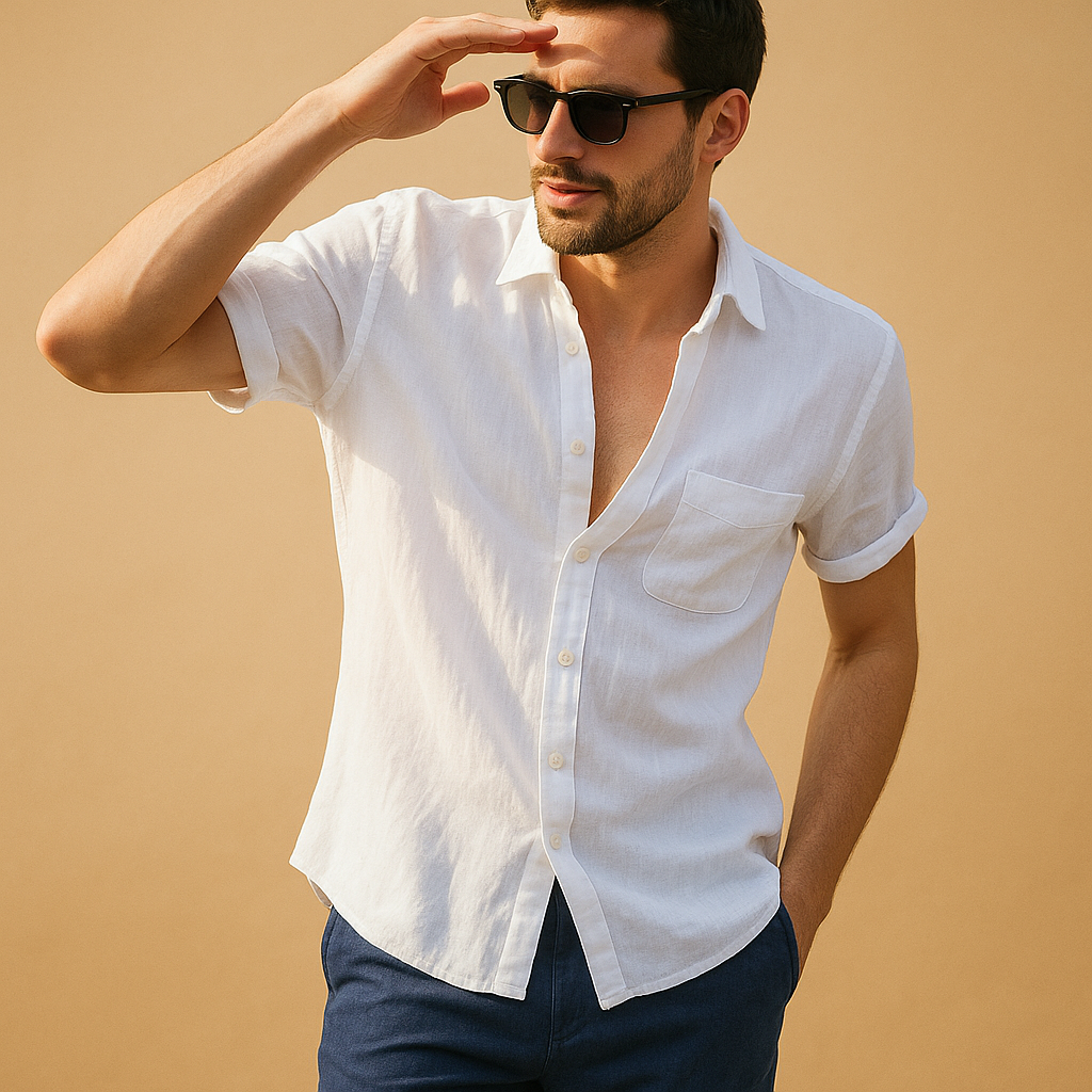 Men’s short sleeve summer shirt Mason in white, green, khaki, grey, black, or baby blue. Perfect for warm days, casual outings, and beachwear.