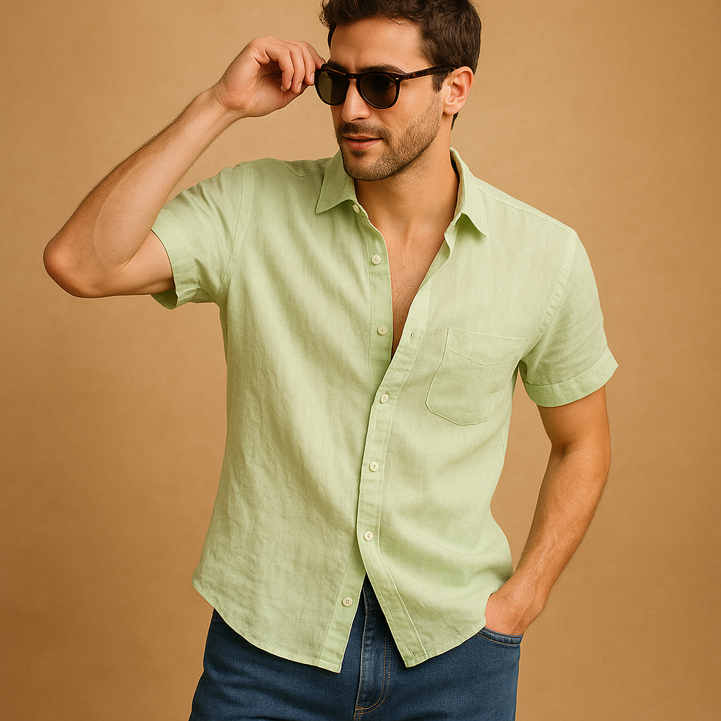 Men’s short sleeve summer shirt Mason in white, green, khaki, grey, black, or baby blue. Perfect for warm days, casual outings, and beachwear.