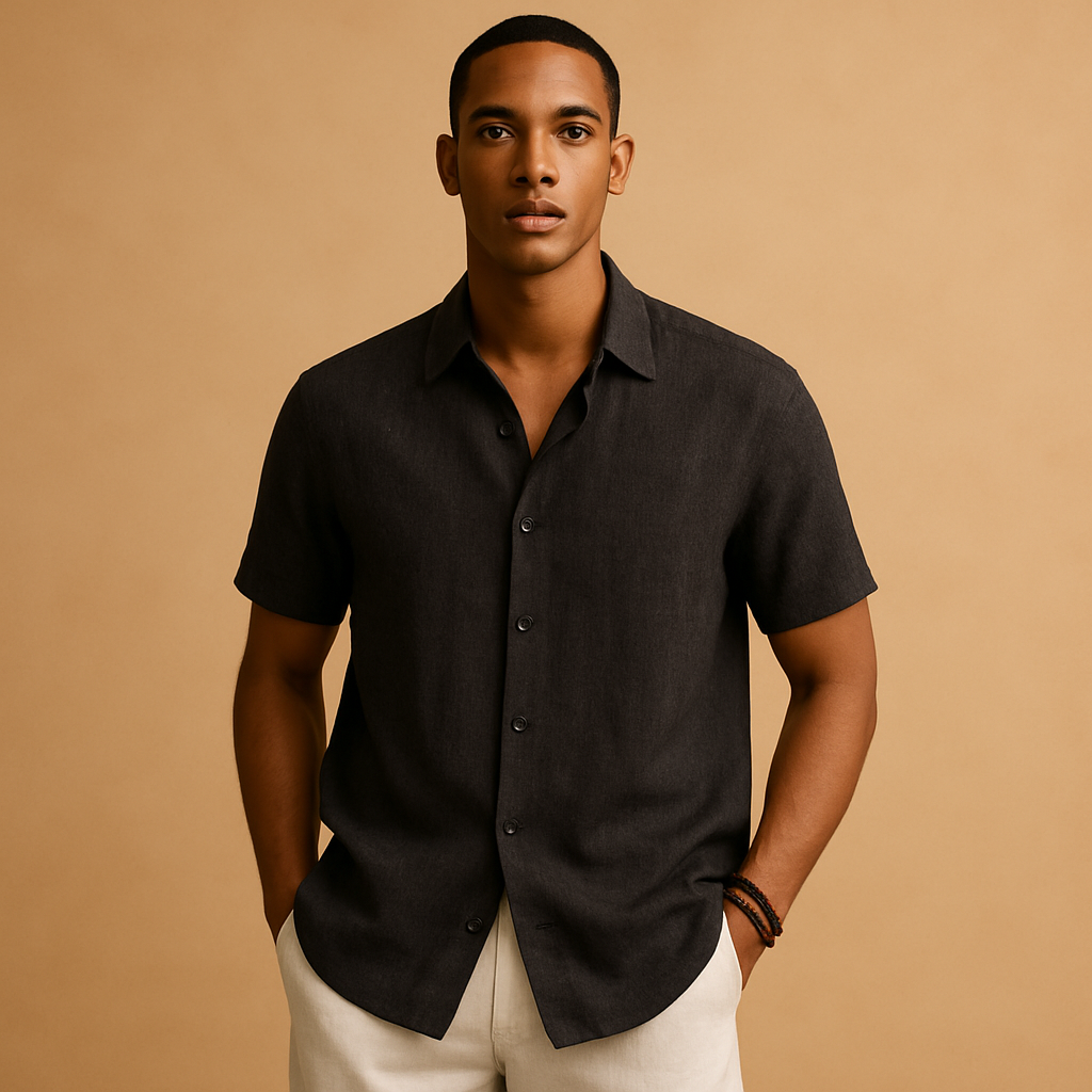 Casual short sleeve summer shirt for men with a regular fit, shirt collar, and button detail. Ideal for holidays, beach walks, and everyday wear.
