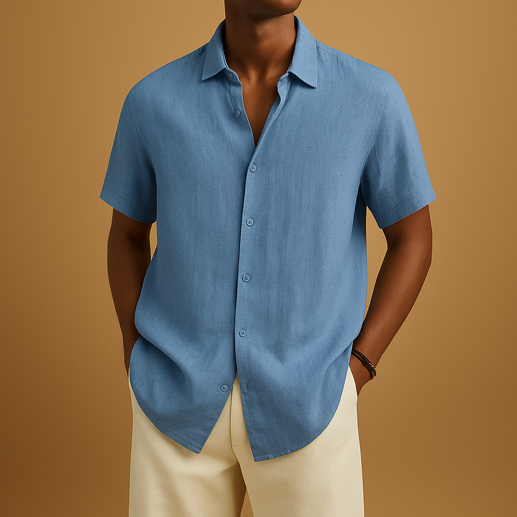 Casual short sleeve summer shirt for men with a regular fit, shirt collar, and button detail. Ideal for holidays, beach walks, and everyday wear.