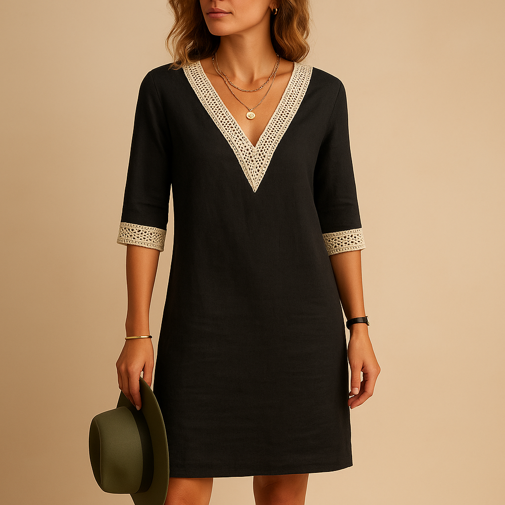Women’s summer V-neck dress with lace details and three-quarter sleeves, relaxed fit, lightweight fabric, available in sizes S to 4XL.