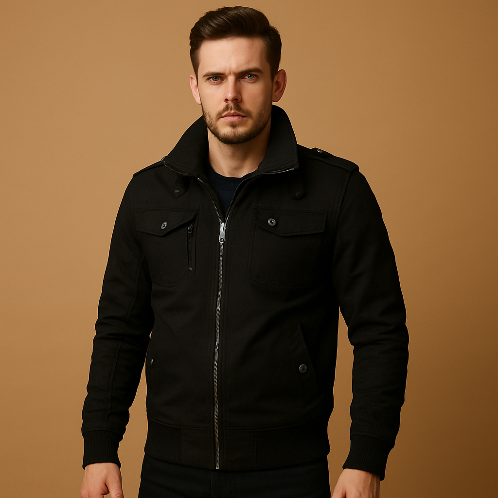 Men’s tactical bomber jacket with high collar, ribbed cuffs, and multiple pockets for everyday and outdoor wear.
