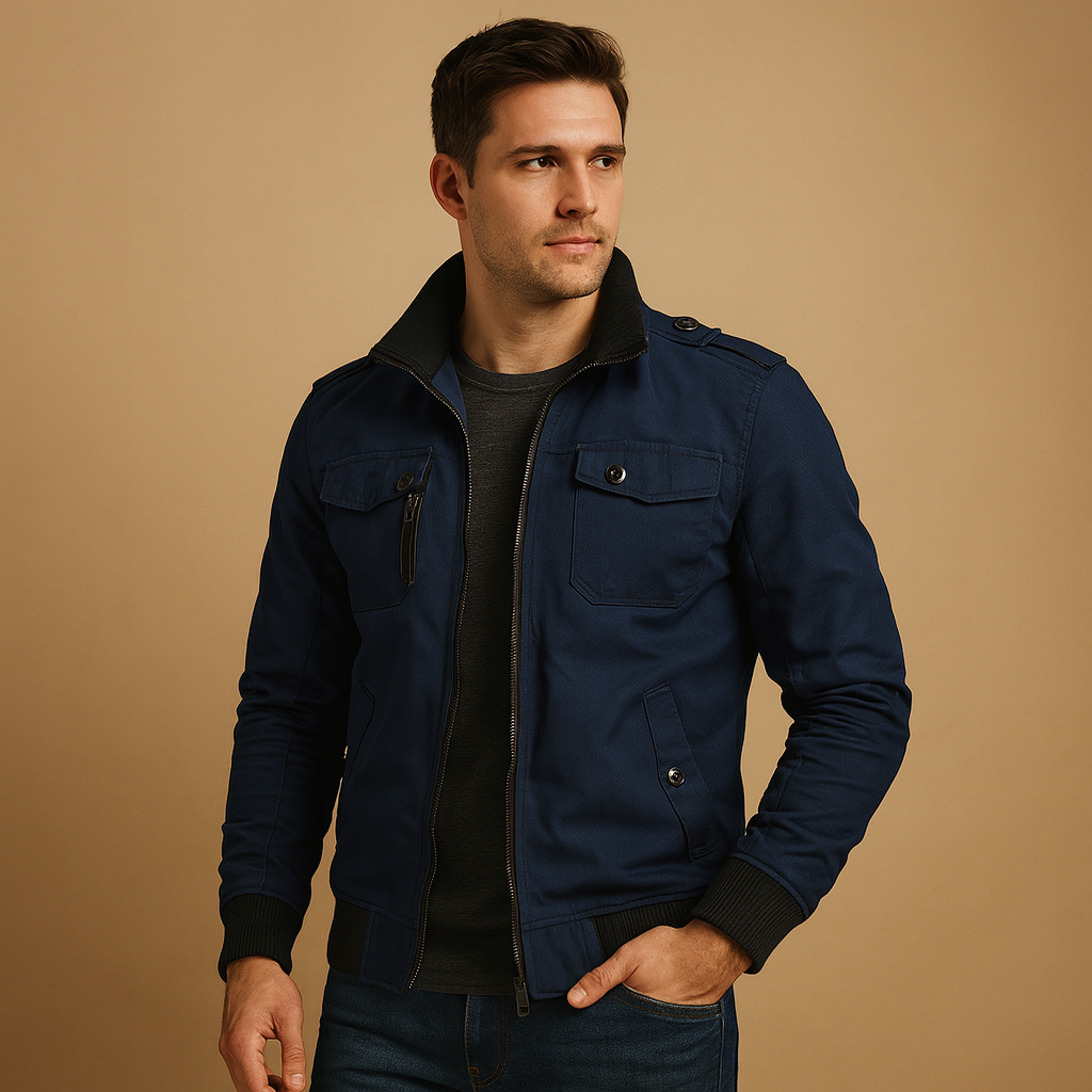 Men’s tactical bomber jacket with high collar, ribbed cuffs, and multiple pockets for everyday and outdoor wear.