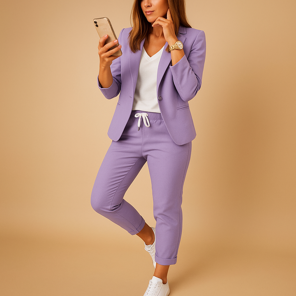 Elegant women’s tailored blazer and pants set in matching colors, perfect for work, business meetings, and evening occasions.