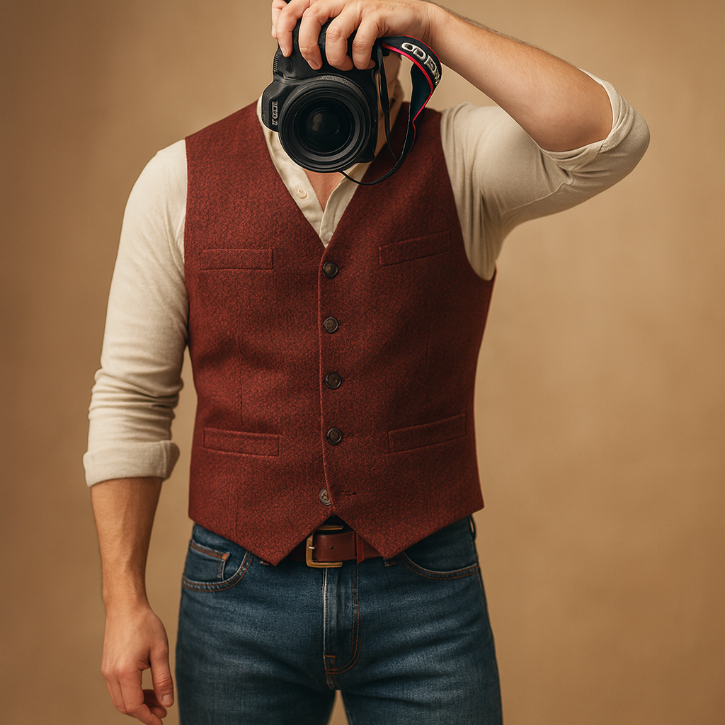Men’s tailored button vest with adjustable fit and practical pockets, perfect for autumn and winter formal events or layered casual outfits.