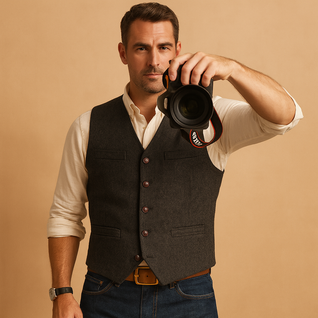 Men’s tailored button vest with adjustable fit and practical pockets, perfect for autumn and winter formal events or layered casual outfits.