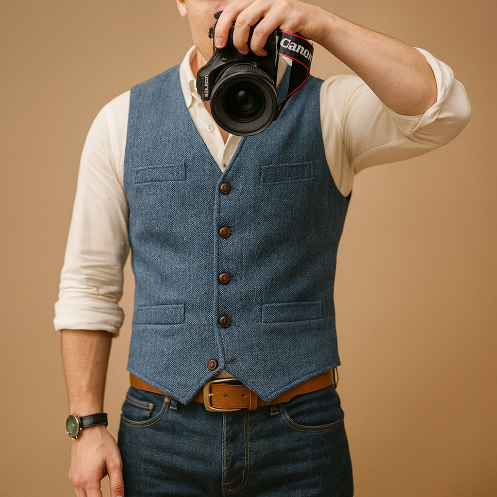 Men’s tailored button vest with adjustable fit and practical pockets, perfect for autumn and winter formal events or layered casual outfits.