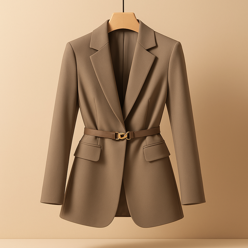 Tailored elegant blazer for women with a fitted silhouette and minimalistic design, perfect for work, business meetings and evening occasions.