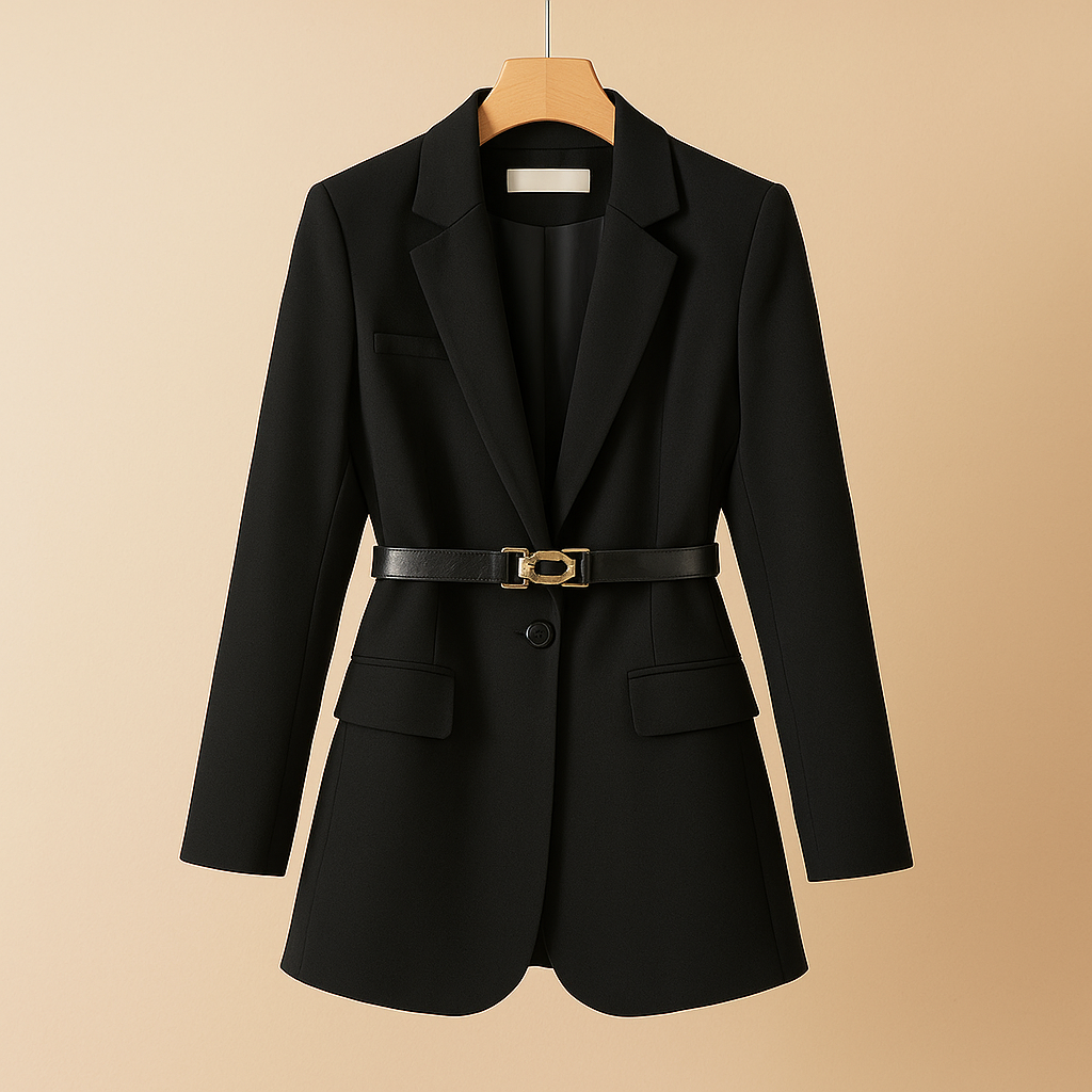 Tailored elegant blazer for women with a fitted silhouette and minimalistic design, perfect for work, business meetings and evening occasions.