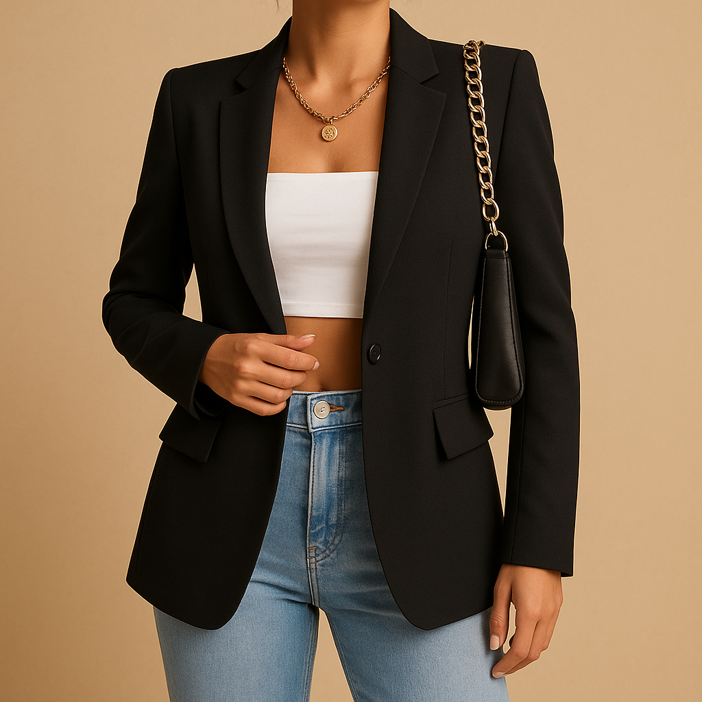 Tailored elegant blazer for women with a fitted silhouette and timeless design, ideal for work, formal gatherings and polished casual outfits.