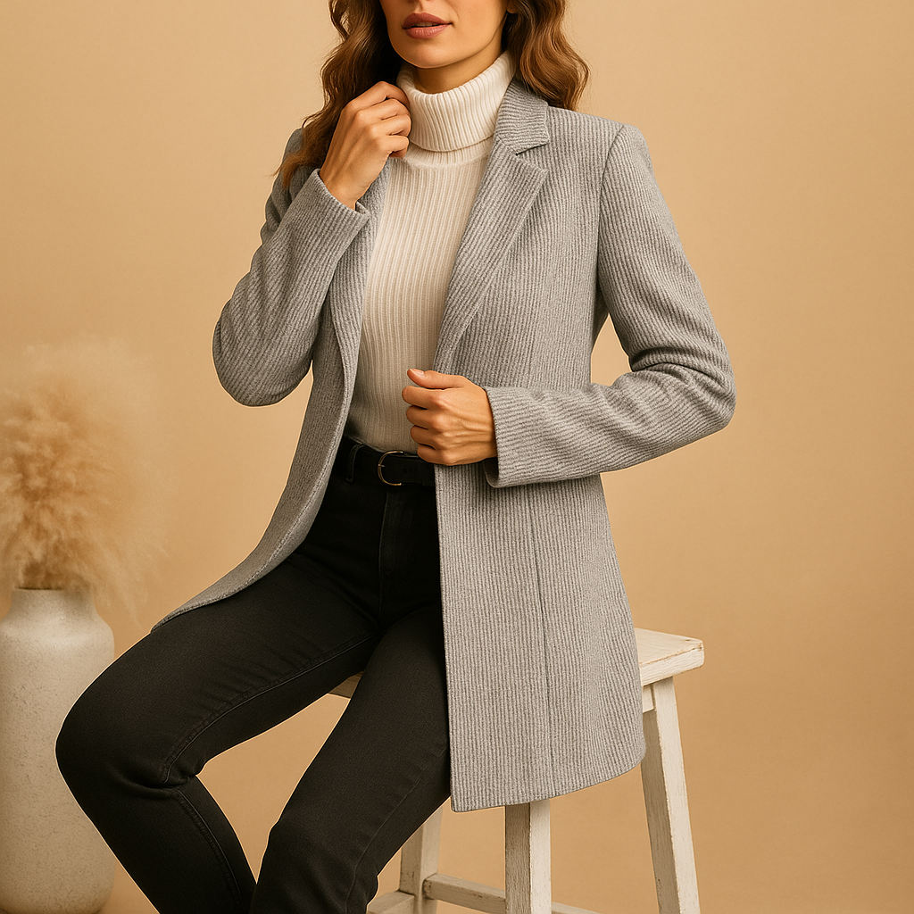 Tailored elegant blazer for women with long sleeves and a flattering fitted silhouette, ideal for business meetings and formal occasions.