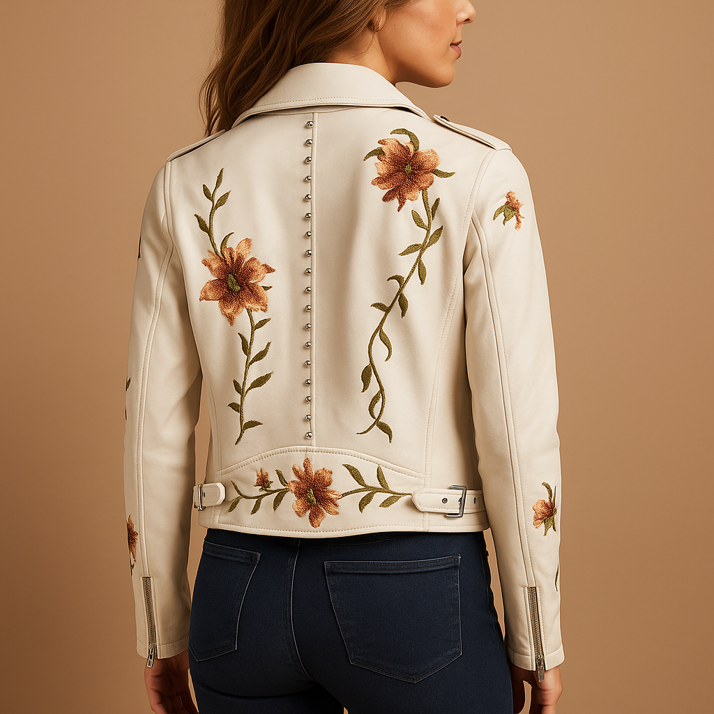 Women’s tailored leather jacket in black or beige with slim fit silhouette, zipper closure, and practical pockets. A versatile and stylish choice for cool days.