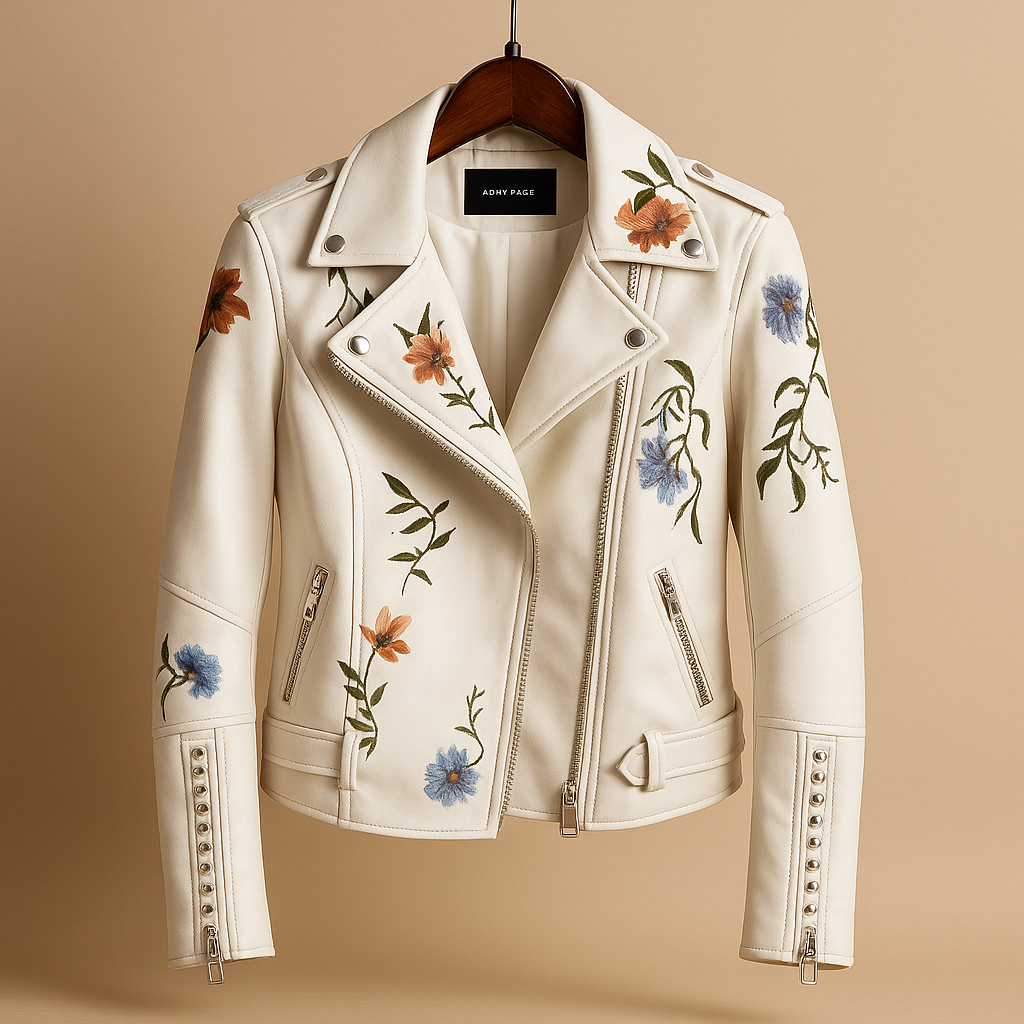 Women’s tailored leather jacket in black or beige with slim fit silhouette, zipper closure, and practical pockets. A versatile and stylish choice for cool days.