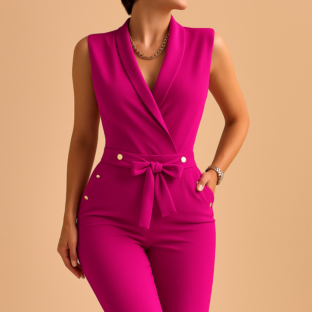 Tailored sleeveless jumpsuit for women with deep V-neckline and waist tie, perfect for parties, dinners, and elegant evening occasions.