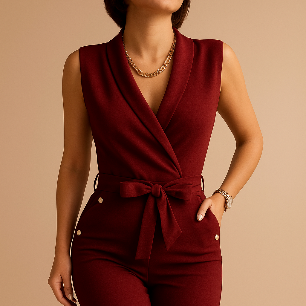 Tailored sleeveless jumpsuit for women with deep V-neckline and waist tie, perfect for parties, dinners, and elegant evening occasions.