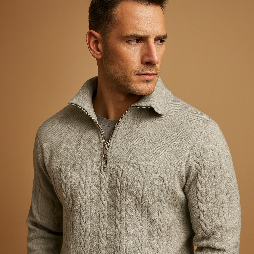 Men’s textured quarter-zip pullover with a relaxed fit and woven pattern, ideal for casual and semi-formal autumn and winter outfits.