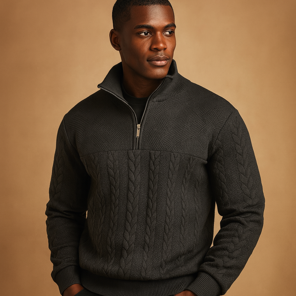 Men’s textured quarter-zip pullover with a relaxed fit and woven pattern, ideal for casual and semi-formal autumn and winter outfits.