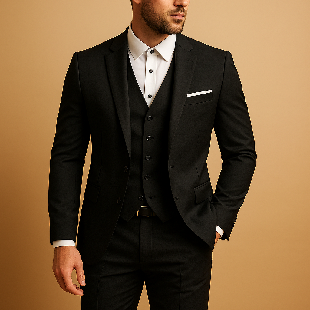 Elegant three-piece slim fit suit for men including blazer, vest, and trousers , ideal for weddings, business, or formal occasions.
