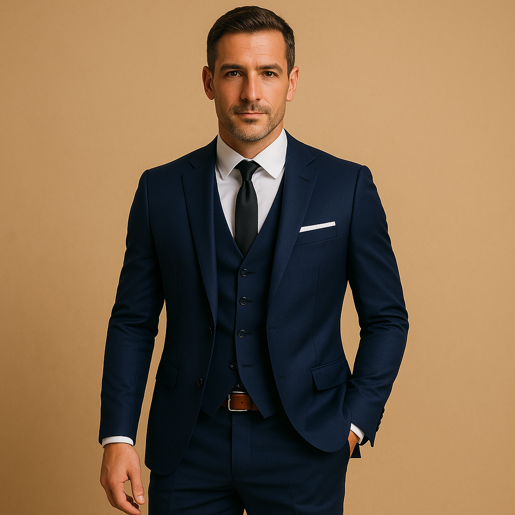 Elegant three-piece slim fit suit for men including blazer, vest, and trousers , ideal for weddings, business, or formal occasions.