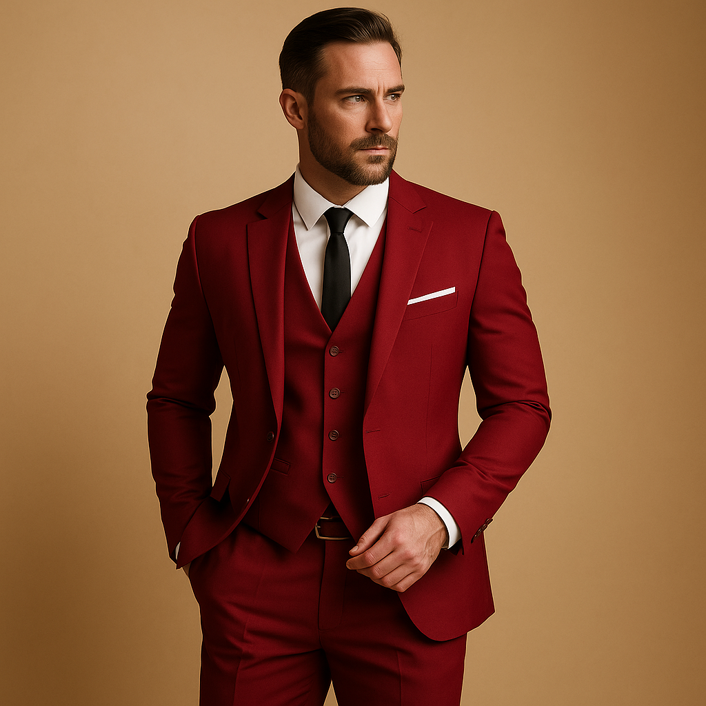 Elegant three-piece slim fit suit for men including blazer, vest, and trousers , ideal for weddings, business, or formal occasions.