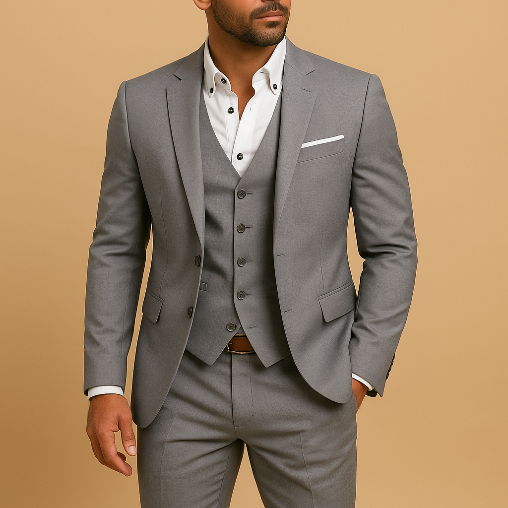Elegant three-piece slim fit suit for men including blazer, vest, and trousers , ideal for weddings, business, or formal occasions.